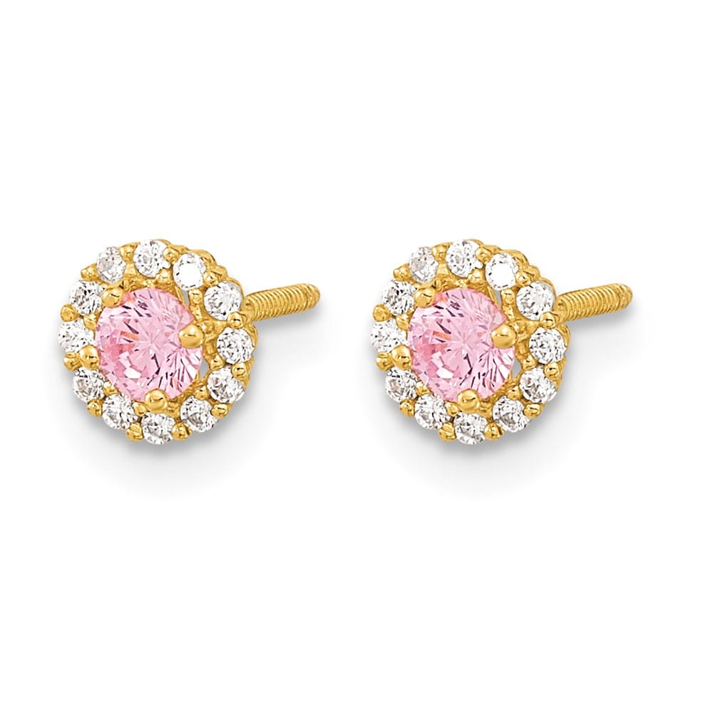 14K Yellow Gold Madi K 3mm Round Pink CZ Halo Screwback Post Earrings, view 2 of 5