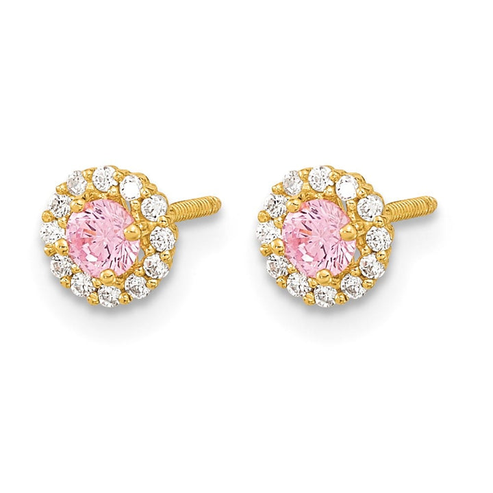 14K Yellow Gold Madi K 3mm Round Pink CZ Halo Screwback Post Earrings, view 2 of 5