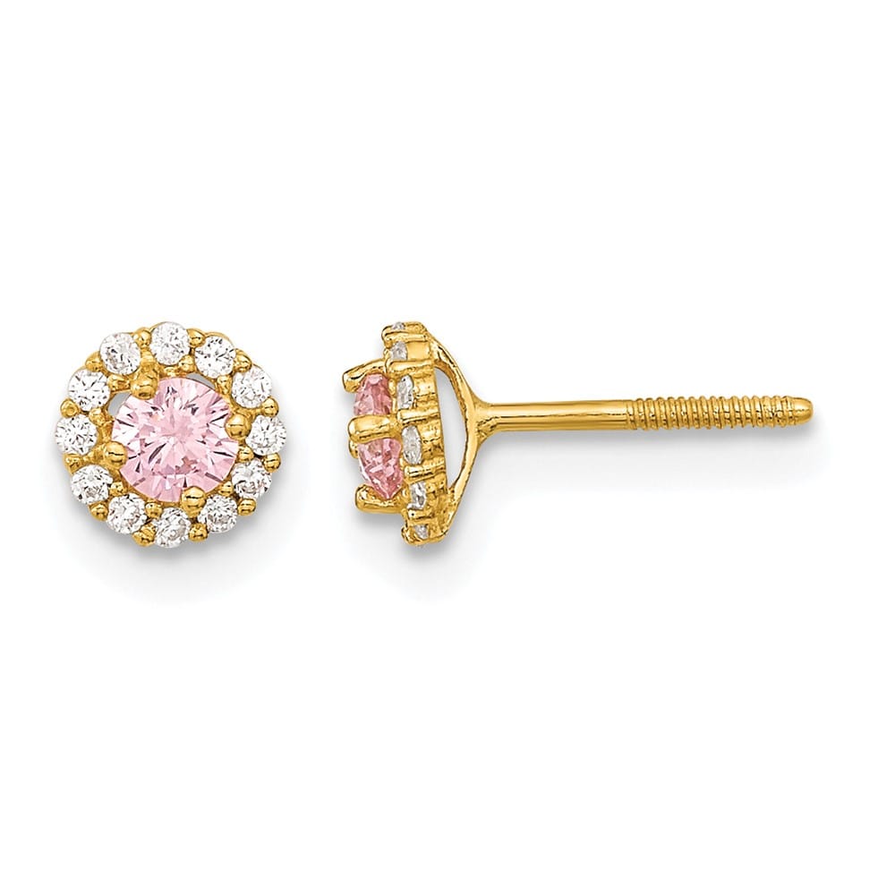 14K Yellow Gold Madi K 3mm Round Pink CZ Halo Screwback Post Earrings, view 1 of 5