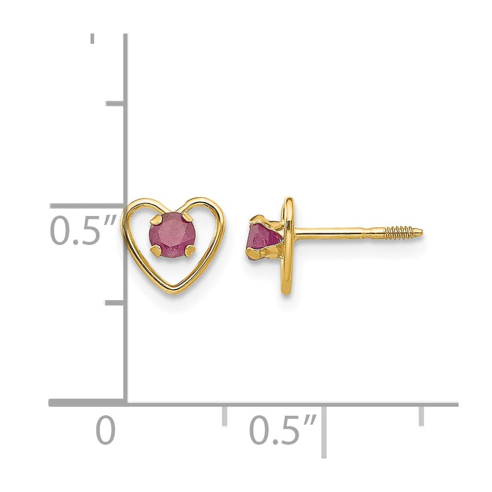 14K Yellow Gold Madi K 3mm Round Ruby Heart Screwback Post Earrings, view 4 of 5
