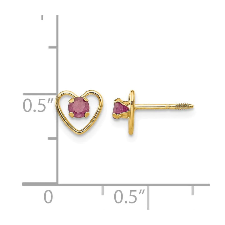 14K Yellow Gold Madi K 3mm Round Ruby Heart Screwback Post Earrings, view 4 of 5