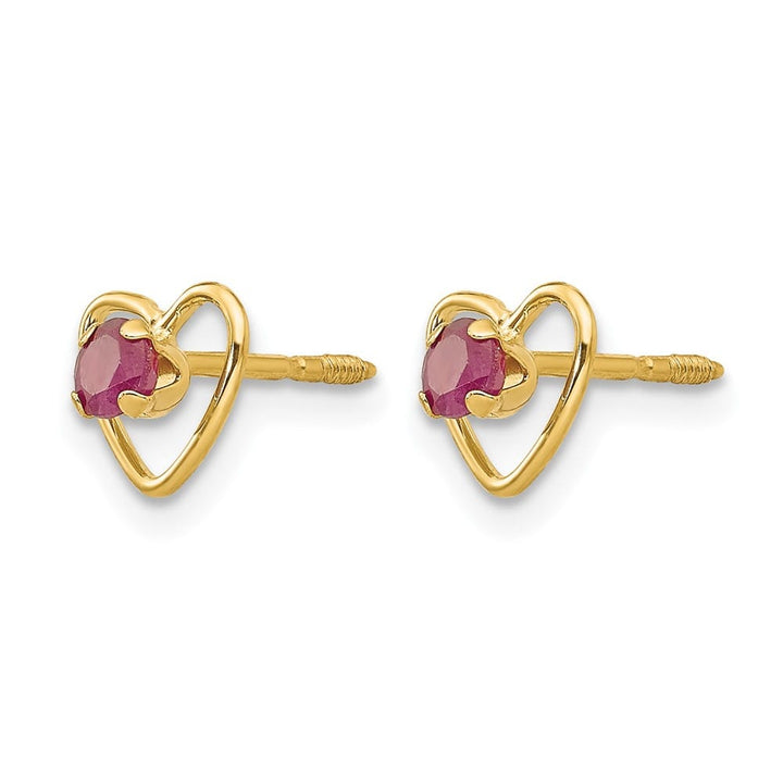 14K Yellow Gold Madi K 3mm Round Ruby Heart Screwback Post Earrings, view 2 of 5