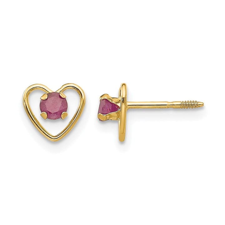 14K Yellow Gold Madi K 3mm Round Ruby Heart Screwback Post Earrings, view 1 of 5