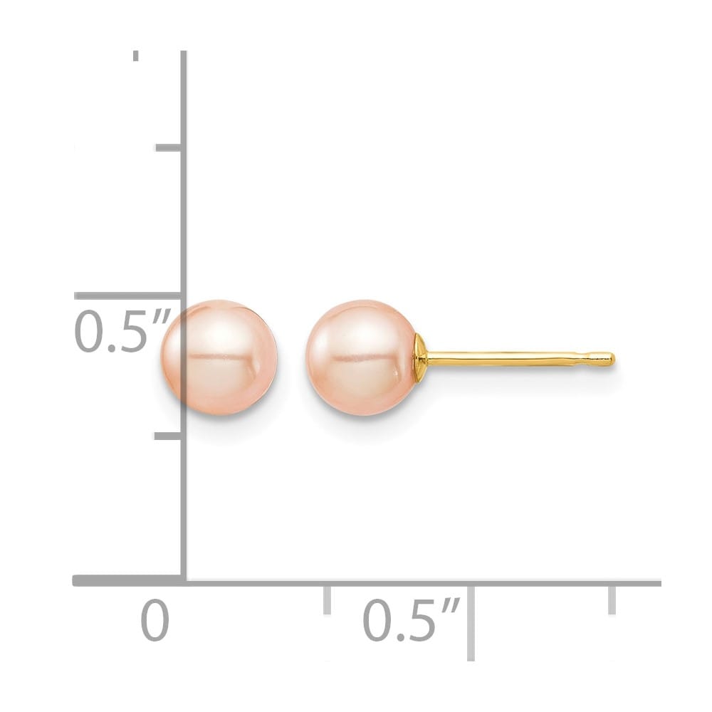 14K Yellow Gold Madi K 5-6mm Pink Round Pearl Stud Post Earrings, view 4 of 5
