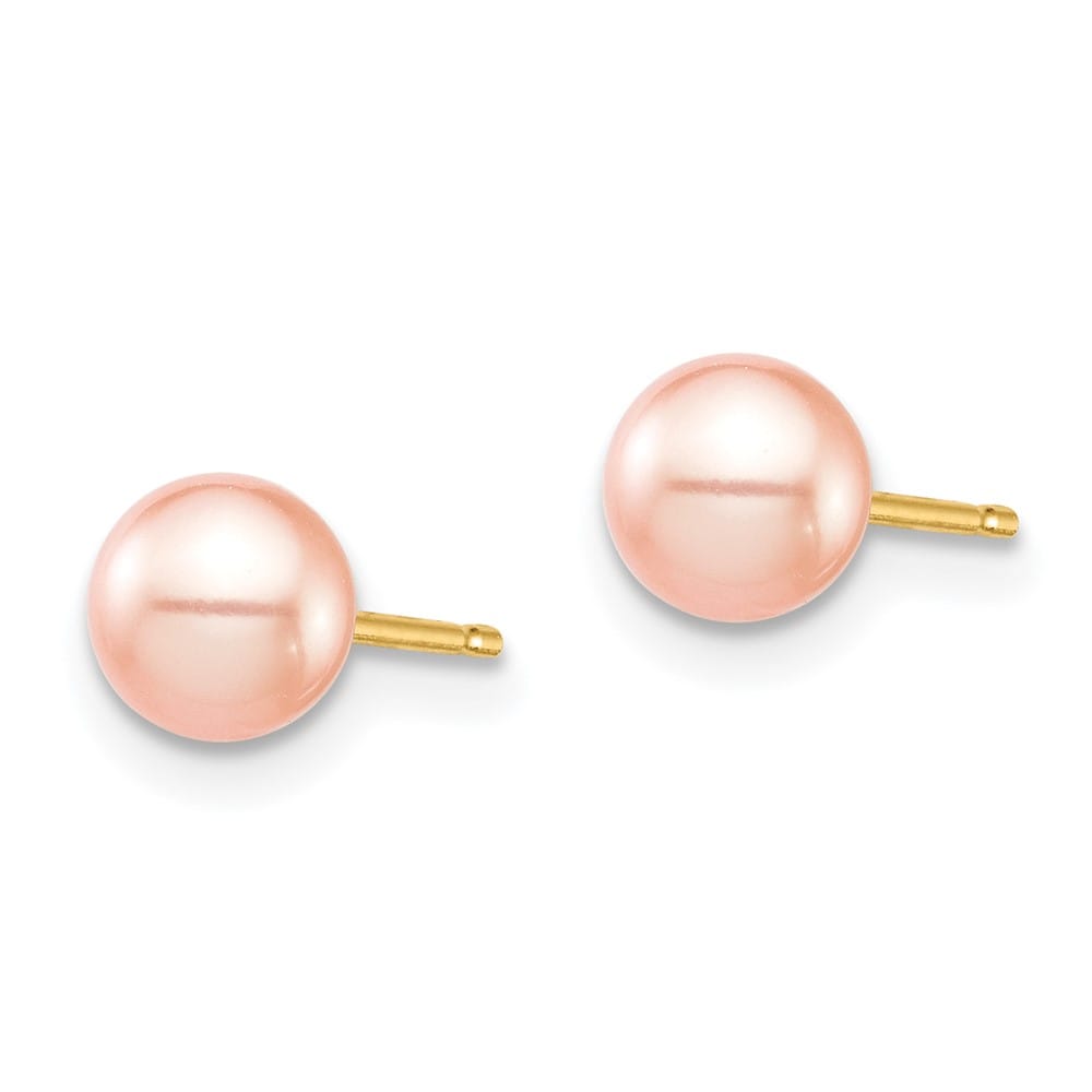 14K Yellow Gold Madi K 5-6mm Pink Round Pearl Stud Post Earrings, view 2 of 5
