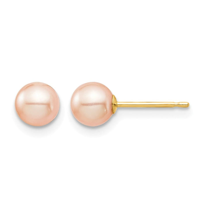 14K Yellow Gold Madi K 5-6mm Pink Round Pearl Stud Post Earrings, view 1 of 5