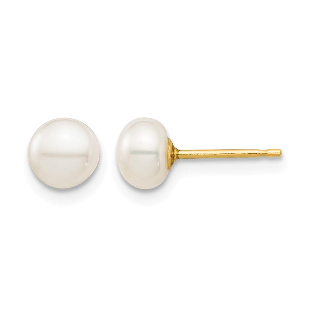 14K Yellow Gold Madi K 5-6mm White Button Pearl Stud Post Earrings, view 1 of 5