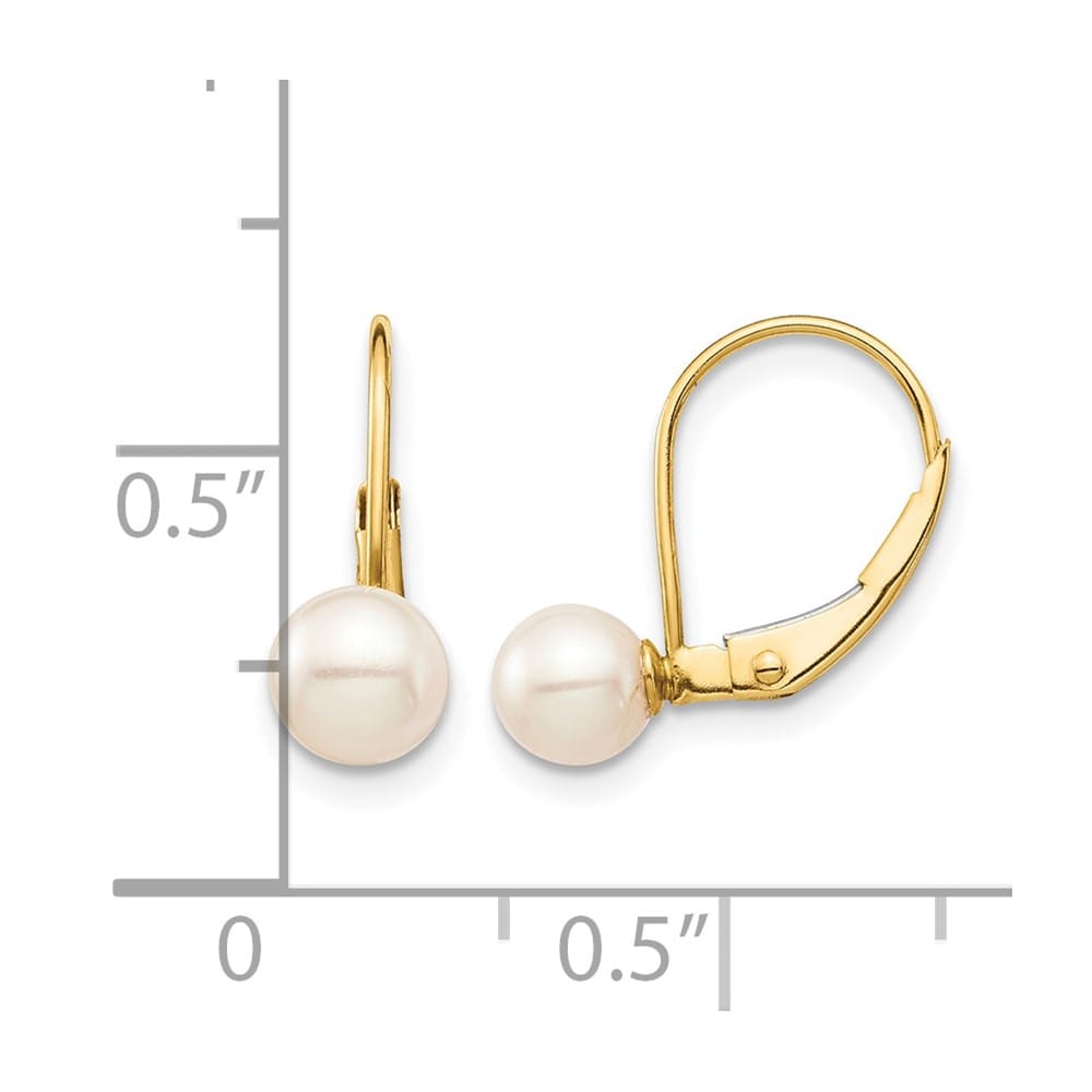 14K Yellow Gold Madi K 5-6mm White Round Pearl Leverback Earrings, view 4 of 5