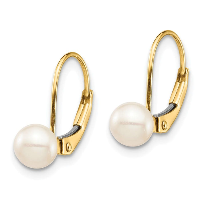 14K Yellow Gold Madi K 5-6mm White Round Pearl Leverback Earrings, view 2 of 5