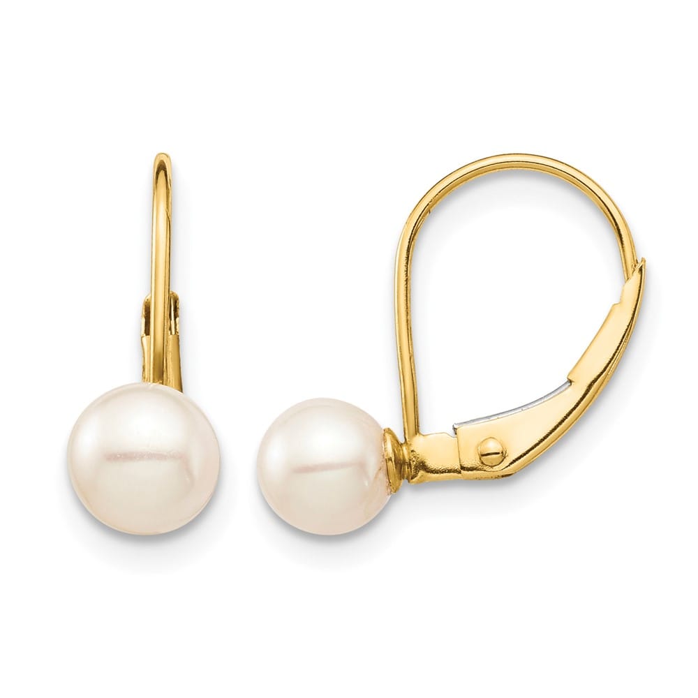 14K Yellow Gold Madi K 5-6mm White Round Pearl Leverback Earrings, view 1 of 5