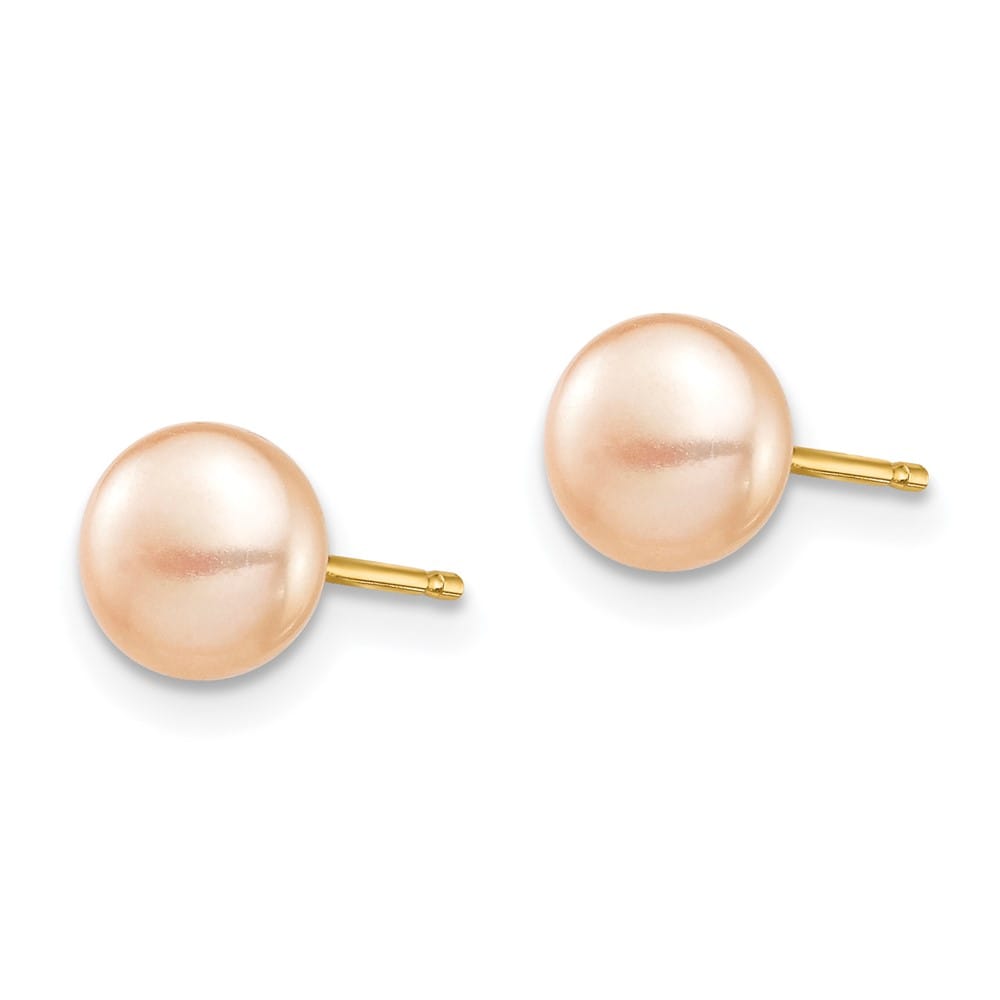 14K Yellow Gold Madi K 6-7mm Pink Button Pearl Stud Post Earrings, view 2 of 5