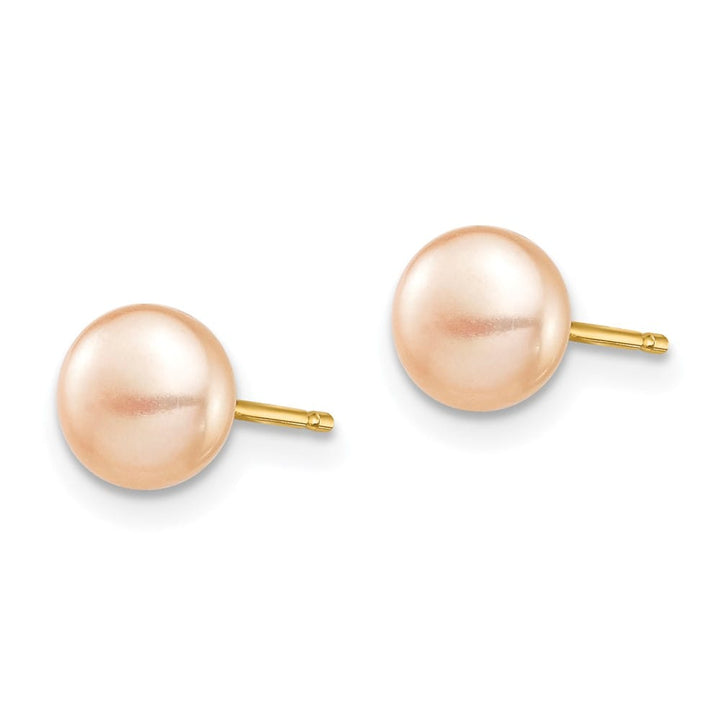 14K Yellow Gold Madi K 6-7mm Pink Button Pearl Stud Post Earrings, view 2 of 5