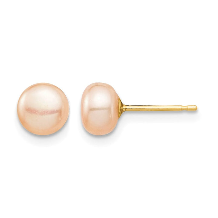 14K Yellow Gold Madi K 6-7mm Pink Button Pearl Stud Post Earrings, view 1 of 5