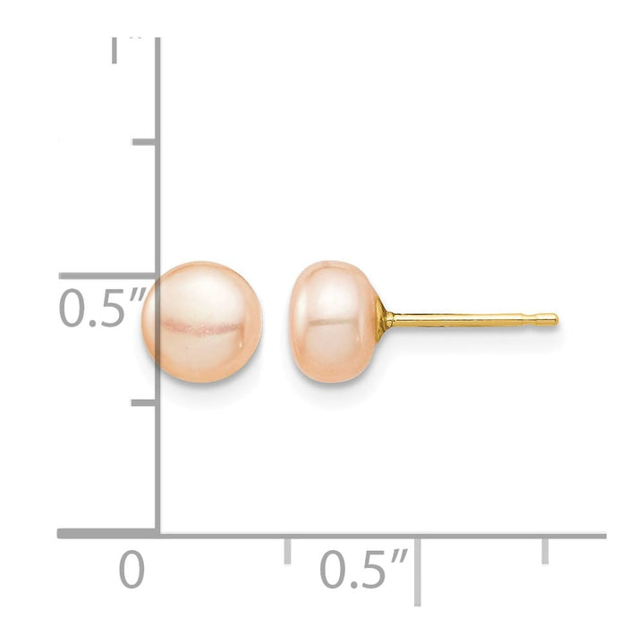 14K Yellow Gold Madi K 6-7mm Pink Button Pearl Stud Post Earrings, view 4 of 5