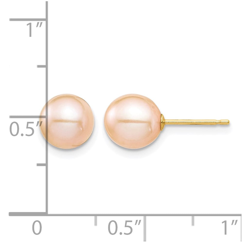 14K Yellow Gold Madi K 7-8mm Pink Round Pearl Stud Post Earrings, view 4 of 5