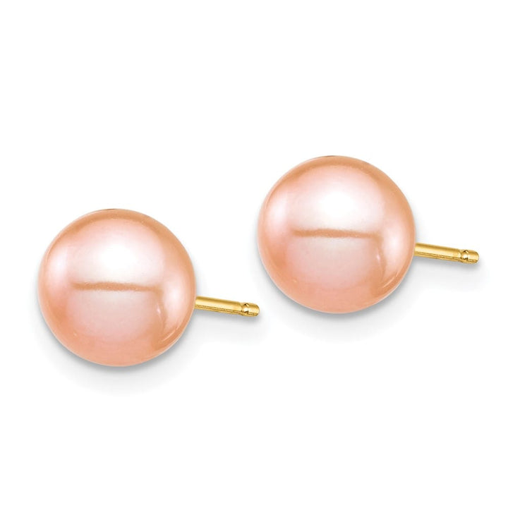 14K Yellow Gold Madi K 7-8mm Pink Round Pearl Stud Post Earrings, view 2 of 5