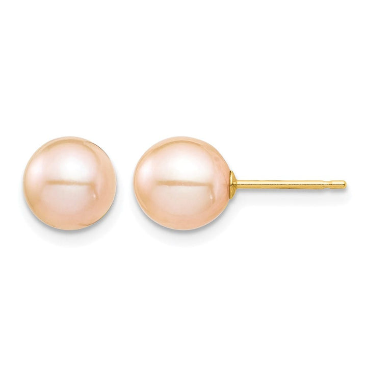 14K Yellow Gold Madi K 7-8mm Pink Round Pearl Stud Post Earrings, view 1 of 5