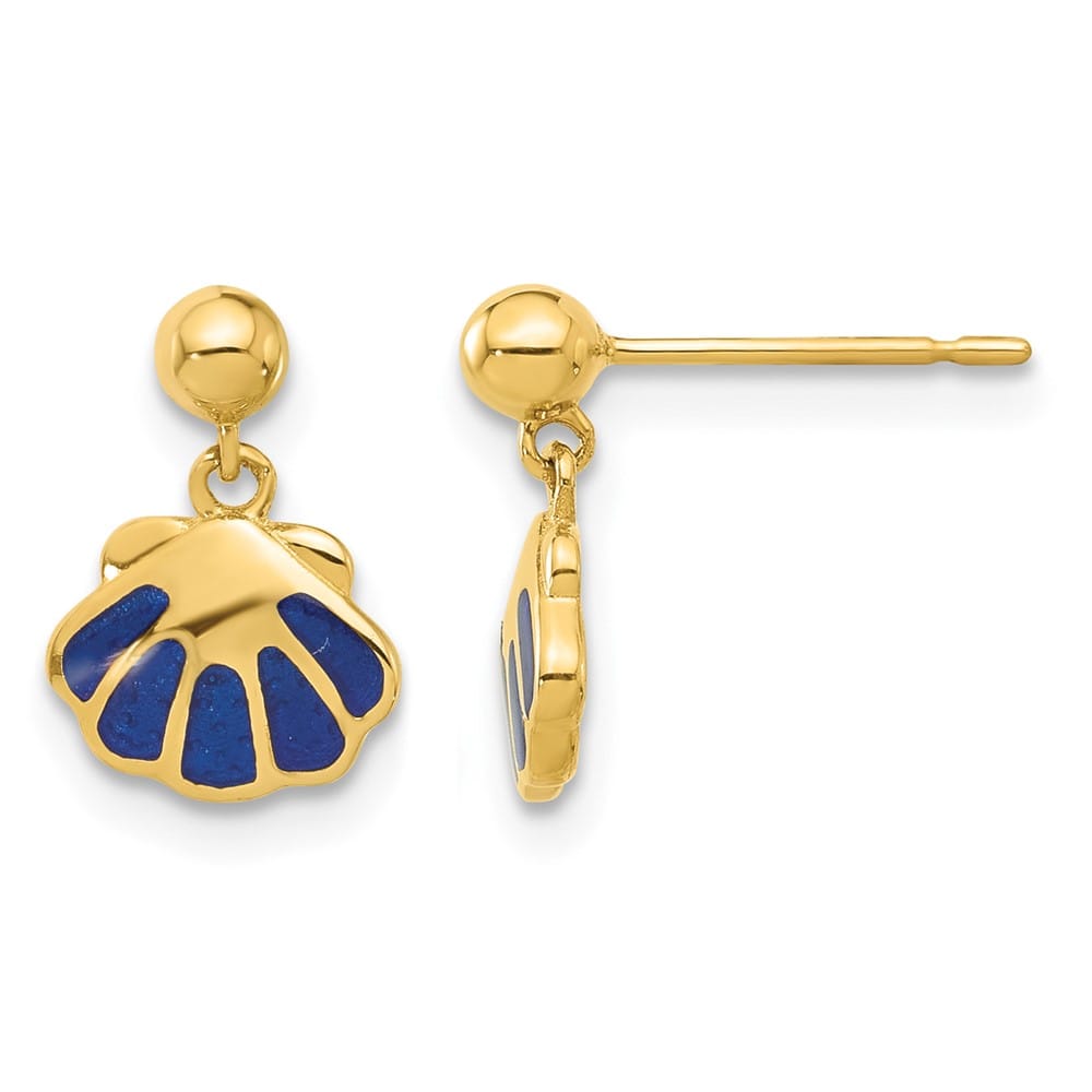 14K Yellow Gold Madi K Blue Enameled Shell Dangle Post Earrings, view 1 of 4