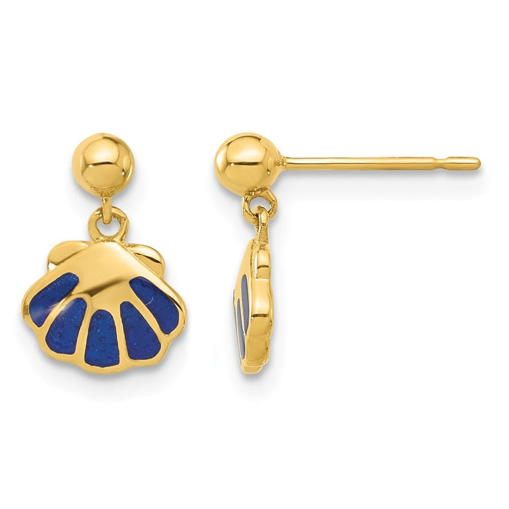 14K Yellow Gold Madi K Blue Enameled Shell Dangle Post Earrings, view 1 of 4