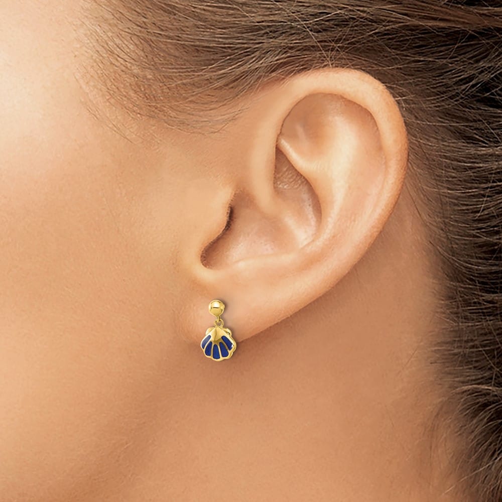 14K Yellow Gold Madi K Blue Enameled Shell Dangle Post Earrings, view 3 of 4