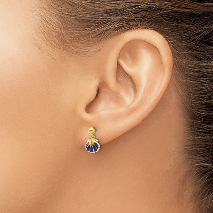 14K Yellow Gold Madi K Blue Enameled Shell Dangle Post Earrings, view 3 of 4