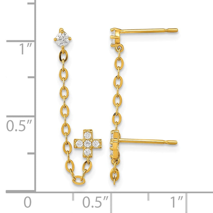 14K Yellow Gold Madi K CZ Cross Double Post with Chain Single Earrings, view 3 of 5
