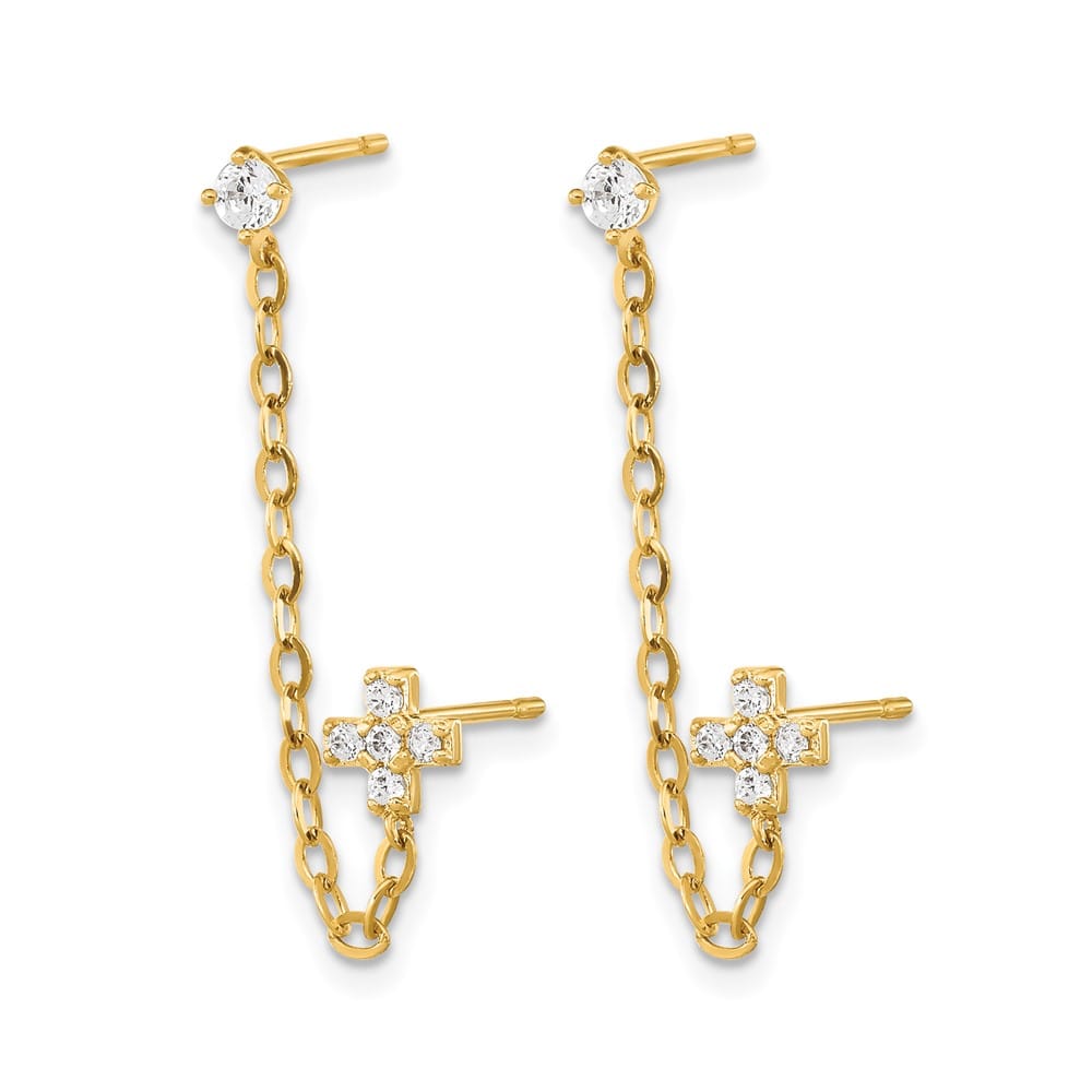 14K Yellow Gold Madi K CZ Cross Double Post with Chain Single Earrings, view 2 of 5