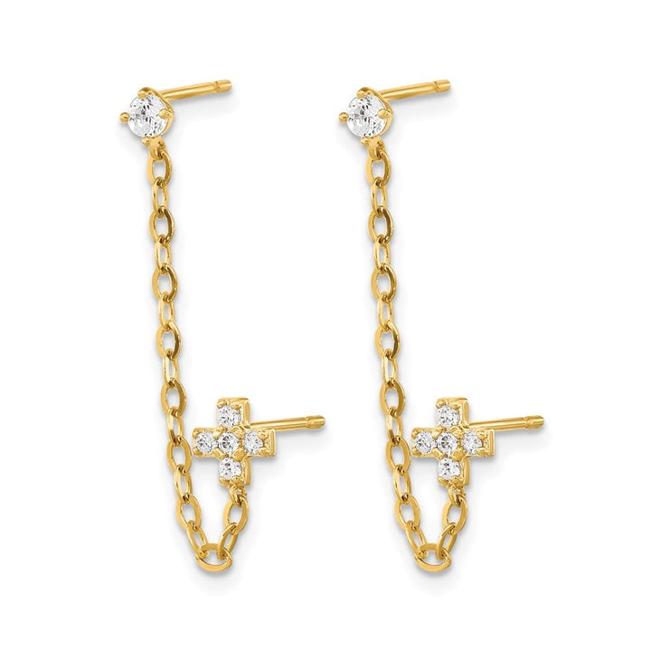 14K Yellow Gold Madi K CZ Cross Double Post with Chain Single Earrings, view 2 of 5
