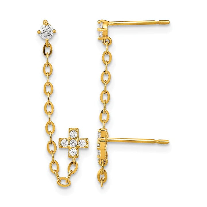 14K Yellow Gold Madi K CZ Cross Double Post with Chain Single Earrings, view 1 of 5