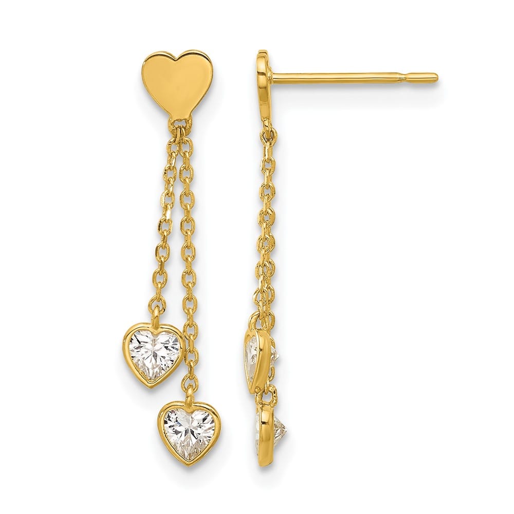 14K Yellow Gold Madi K Polished CZ Hearts Post Dangle Post Earrings, view 1 of 4