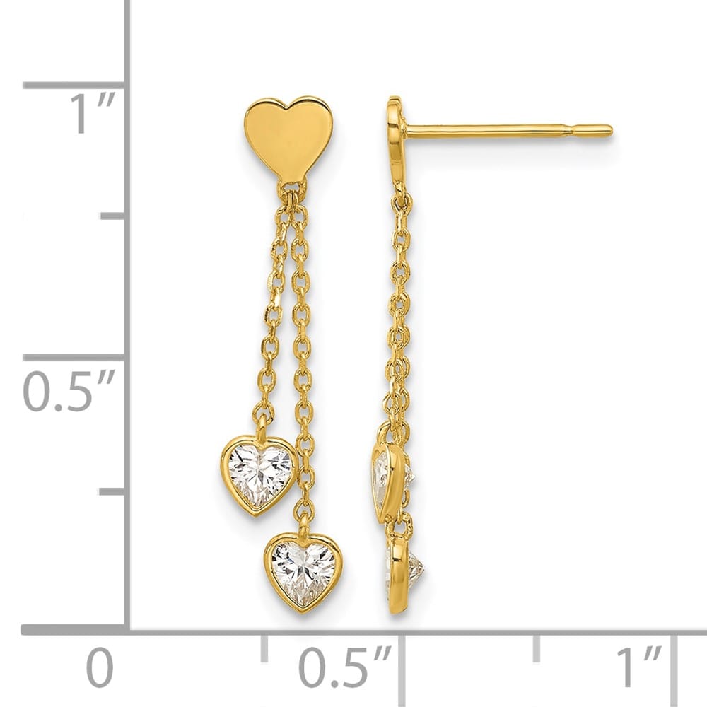 14K Yellow Gold Madi K Polished CZ Hearts Post Dangle Post Earrings, view 4 of 4