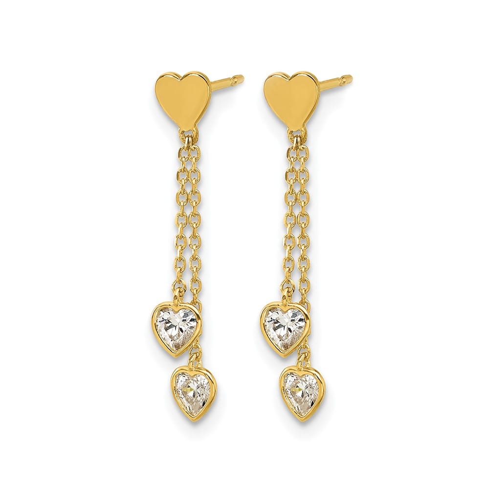 14K Yellow Gold Madi K Polished CZ Hearts Post Dangle Post Earrings, view 2 of 4