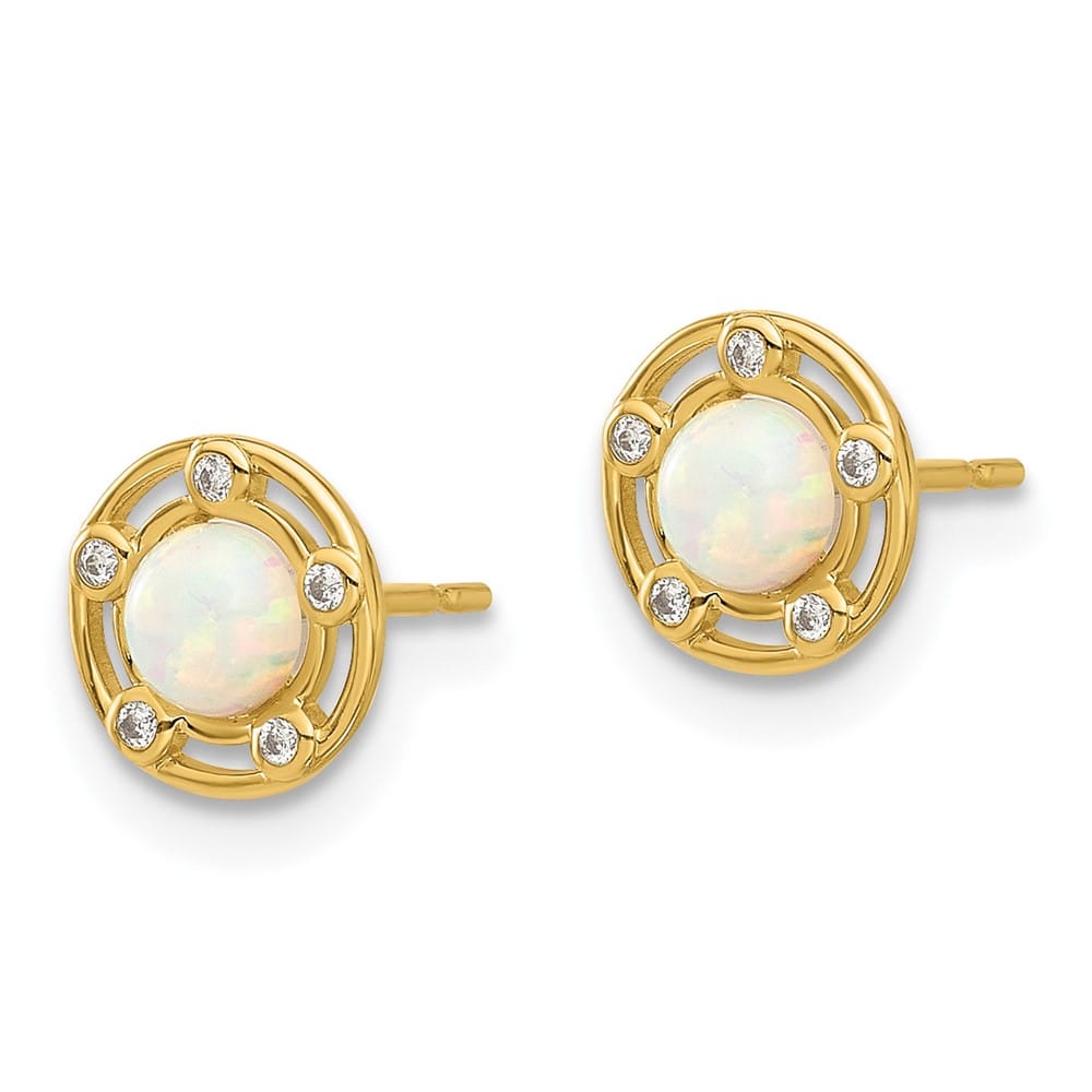 14K Yellow Gold Madi K Polished Lab Created Opal and CZ Post Earrings, view 2 of 4