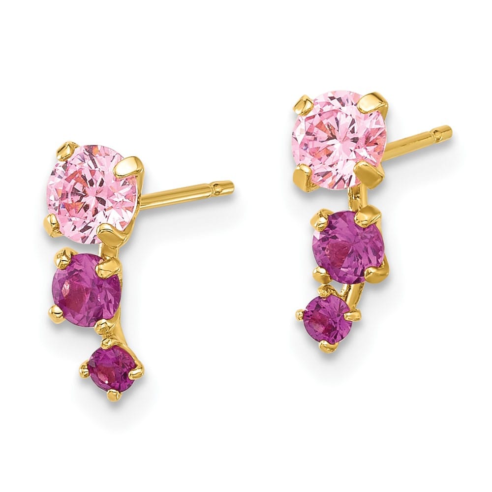 14K Yellow Gold Madi K Polished Pink and Red CZ Post Earrings, view 2 of 4