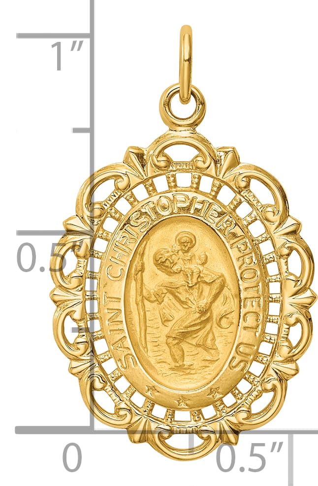 14K Yellow Gold Medium Fancy Pierced Oval St. Christopher Medal
