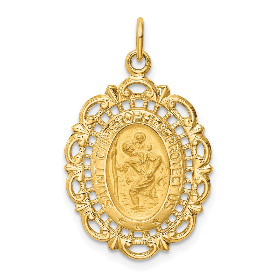 14K Yellow Gold Medium Fancy Pierced Oval St. Christopher Medal