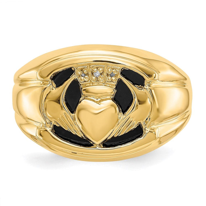 14k Yellow Gold Men's I1 Diamond and Onyx Claddagh Ring