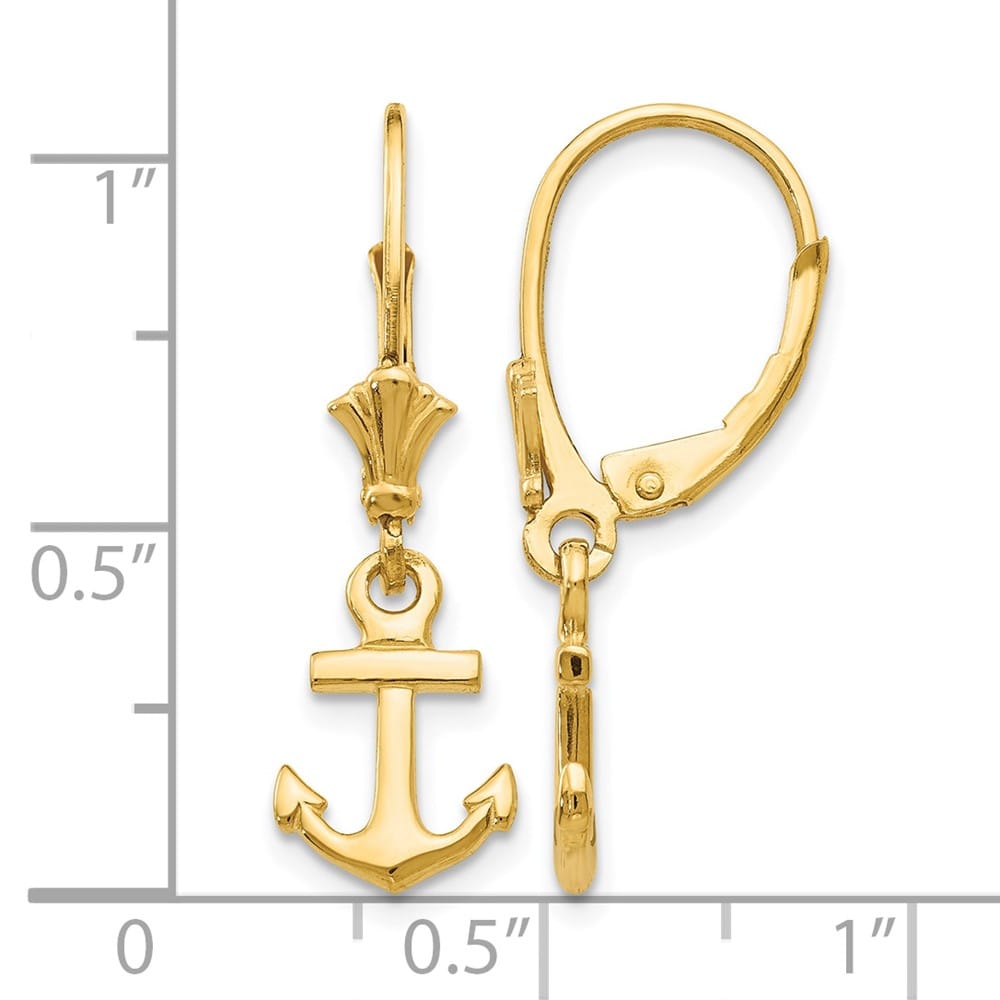 14K Yellow Gold Mini Anchor Dangle Leverback Earrings, view 4 of 4