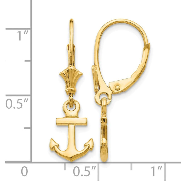 14K Yellow Gold Mini Anchor Dangle Leverback Earrings, view 4 of 4