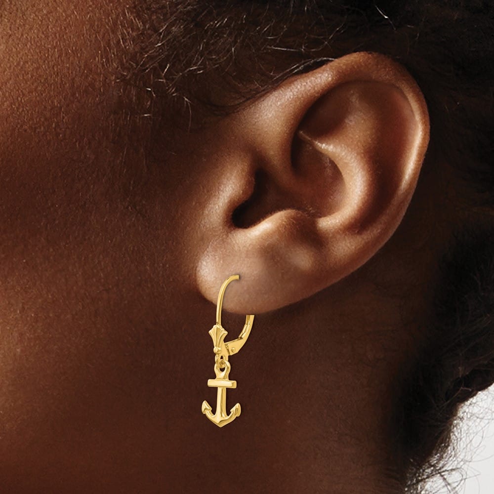 14K Yellow Gold Mini Anchor Dangle Leverback Earrings, view 3 of 4