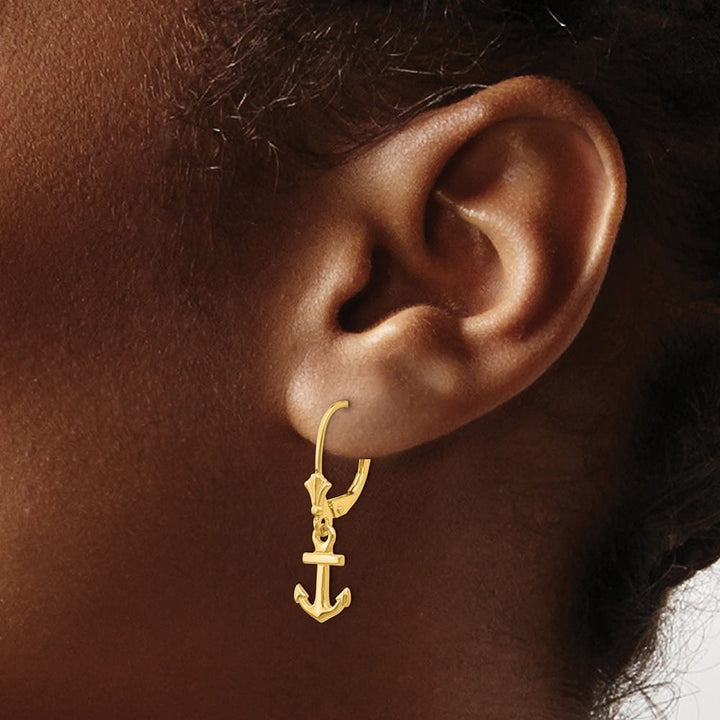 14K Yellow Gold Mini Anchor Dangle Leverback Earrings, view 3 of 4