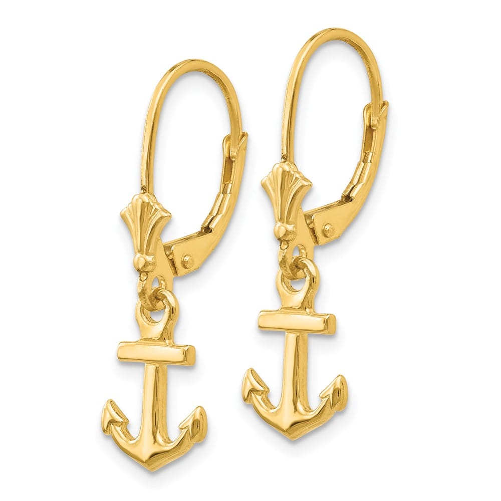 14K Yellow Gold Mini Anchor Dangle Leverback Earrings, view 2 of 4