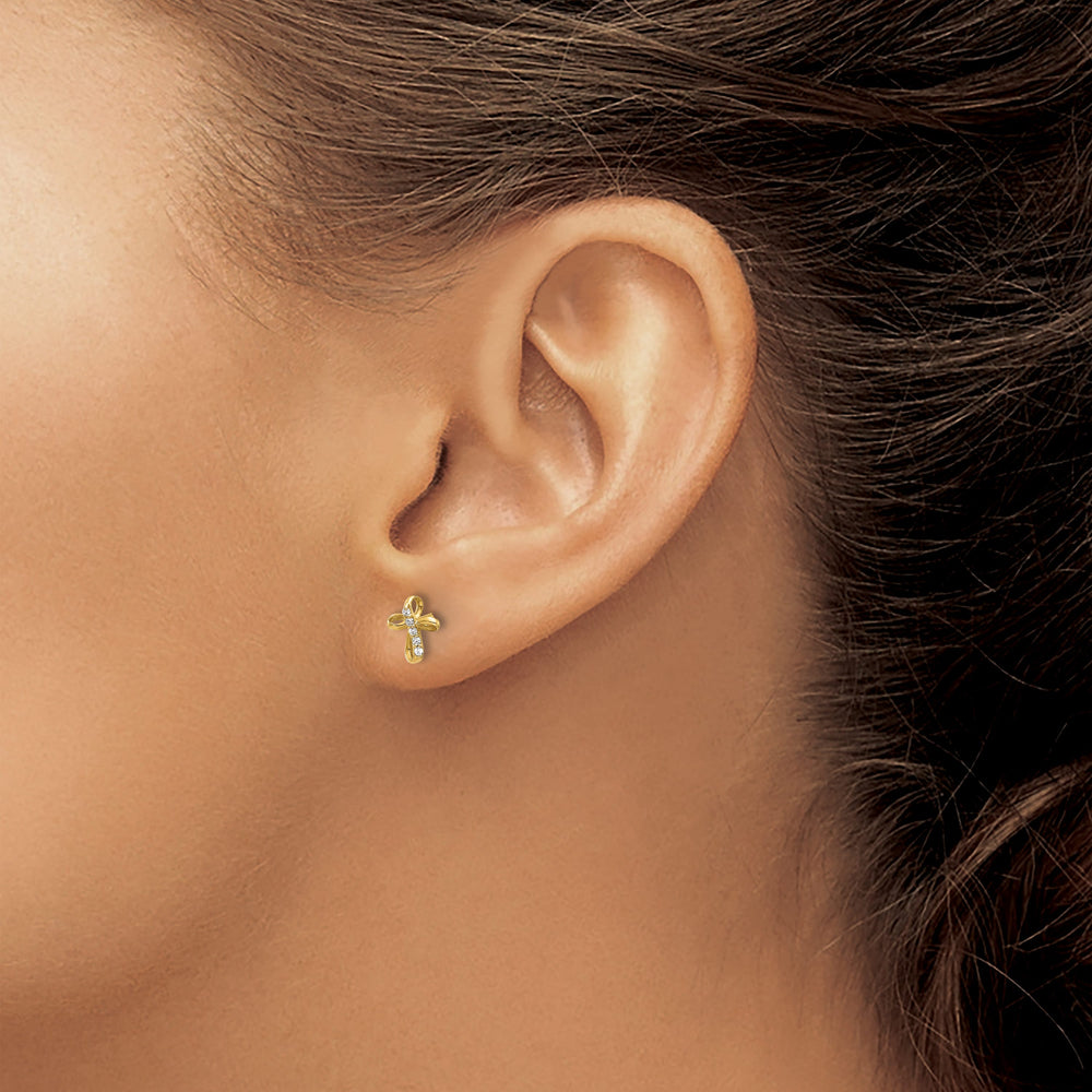 14K Yellow Gold Mini CZ Cross Post Earrings