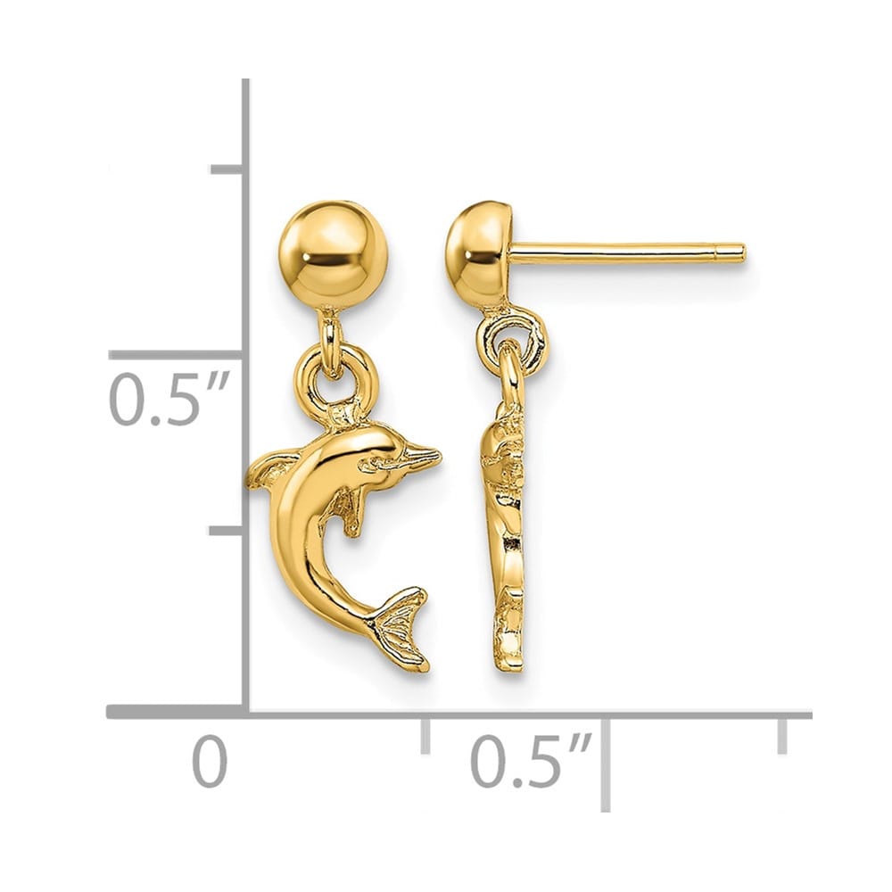 14K Yellow Gold Mini Jumping Dolphin Dangle Post Earrings, view 4 of 4