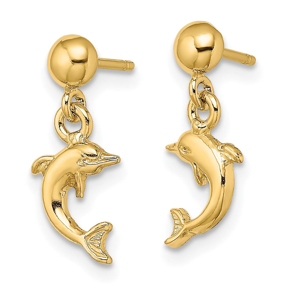 14K Yellow Gold Mini Jumping Dolphin Dangle Post Earrings, view 2 of 4