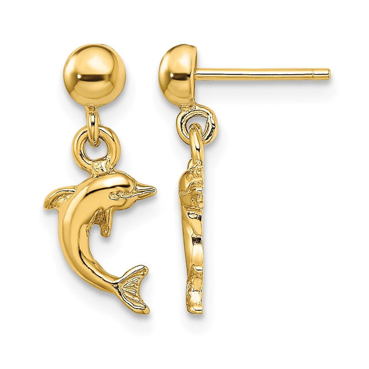 14K Yellow Gold Mini Jumping Dolphin Dangle Post Earrings, view 1 of 4