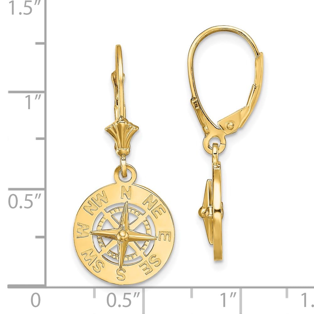 14K Yellow Gold Mini Nautical Compass Dangle Leverback Earrings, view 4 of 4