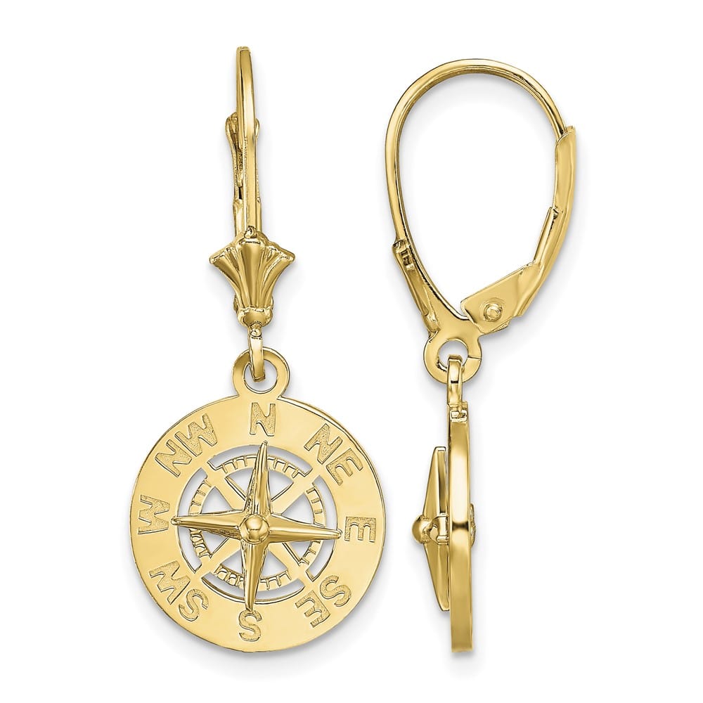 14K Yellow Gold Mini Nautical Compass Dangle Leverback Earrings, view 1 of 4