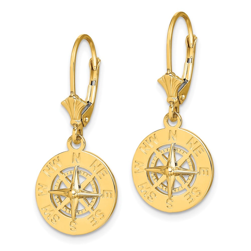 14K Yellow Gold Mini Nautical Compass Dangle Leverback Earrings, view 2 of 4