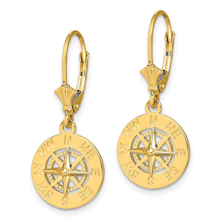 14K Yellow Gold Mini Nautical Compass Dangle Leverback Earrings, view 2 of 4